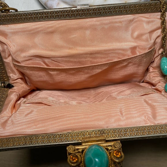 Vintage Tapestry Embroidered Petit Point Floral Evening Bag Purse w/ Gemstones - Picture 6 of 7